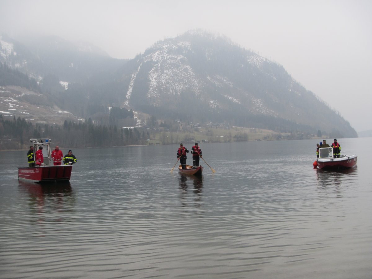 three rescue boats on the lake Grundlsee