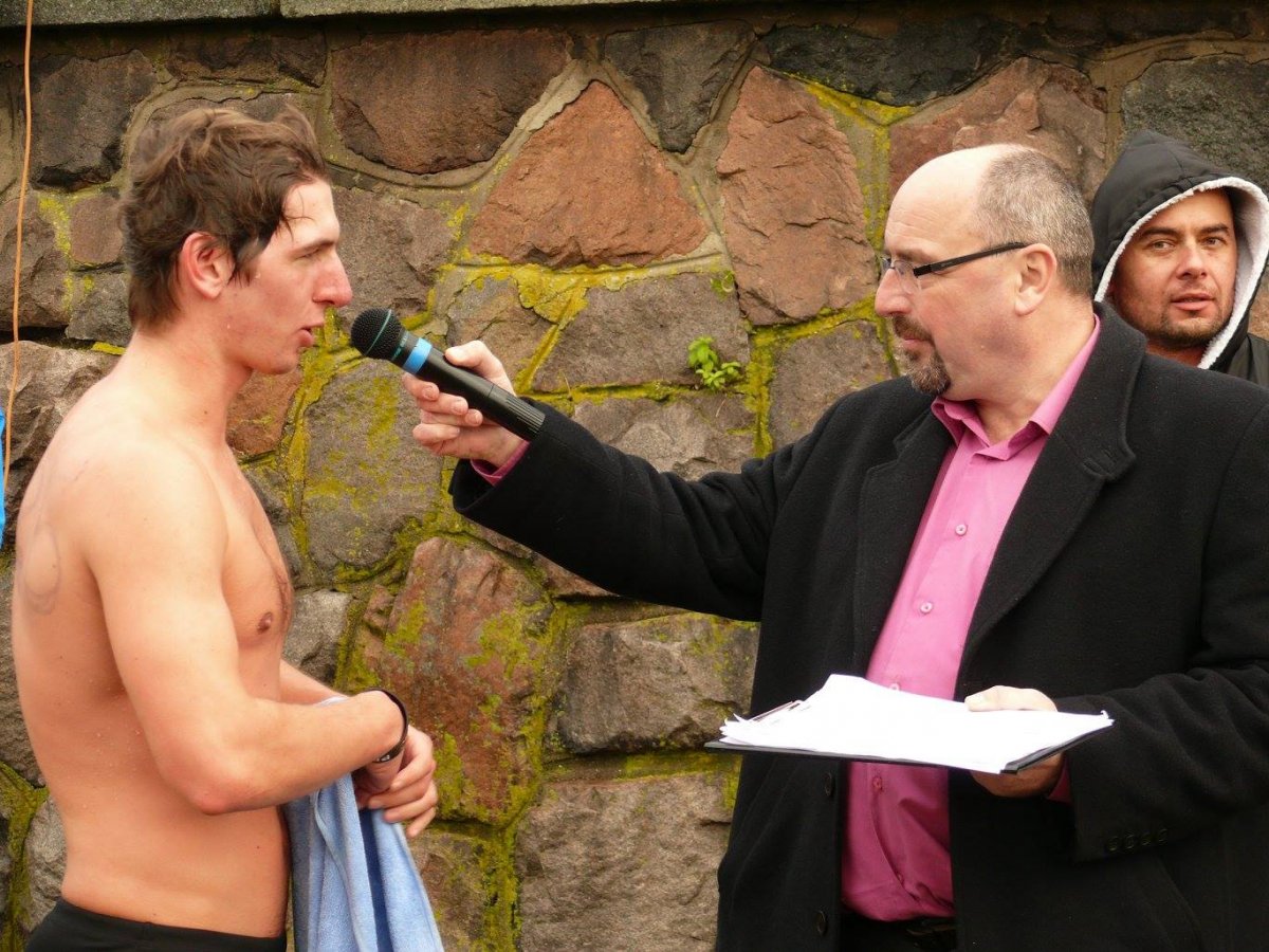 Petr Slajs after his swim interviewed by Michal Mucha, photo courtesy Jana Navratilova